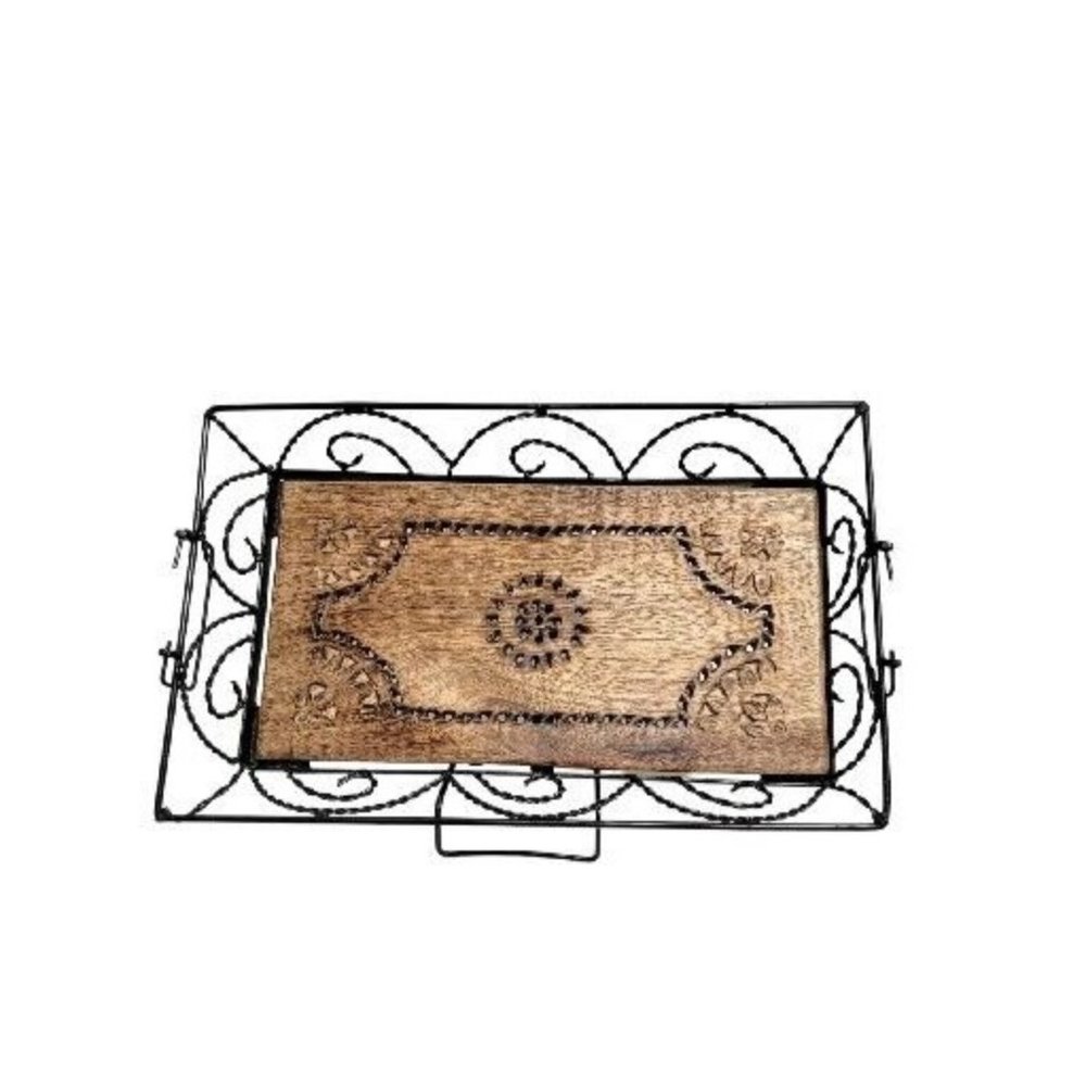 Decorative Metal Tray Wood Bottom Handles Wooden Bread Basket 14x9 Inches